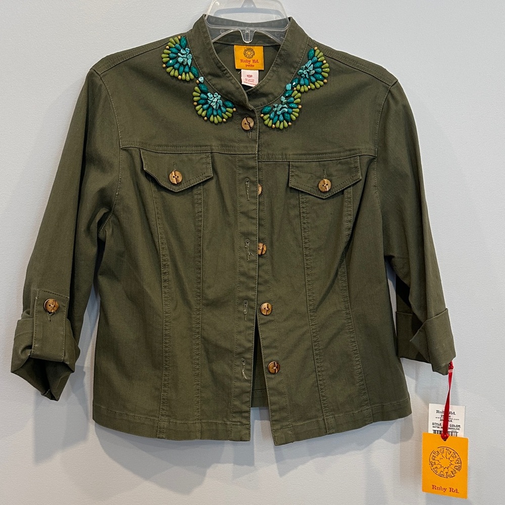 Ruby Rd. Women’s Olive Jean Jacket with Turquoise and Green Embellishments NWT